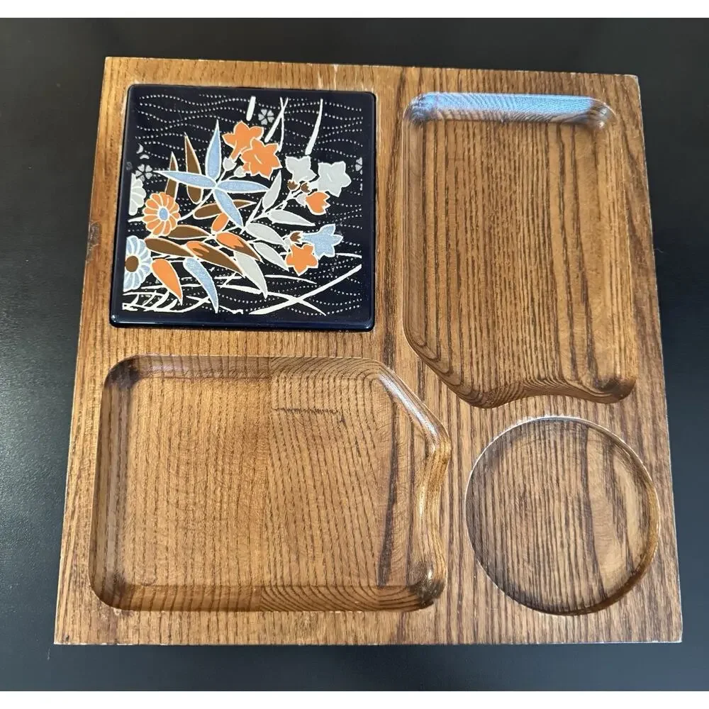 Vintage MCM Wooden Snack Serving Tray w/ Ceramic Tile Trivet 10x10
